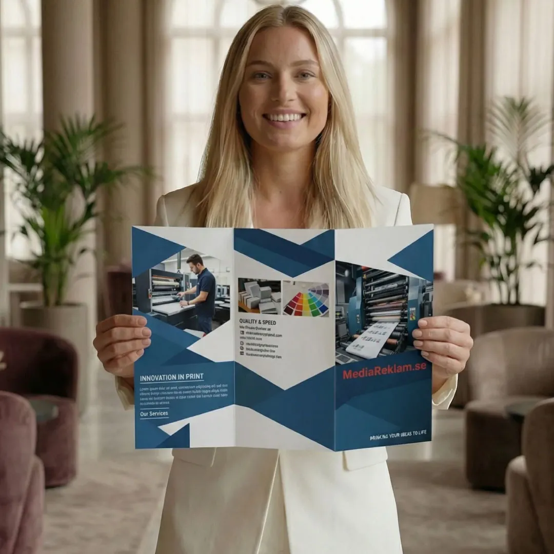 A5-flyer med matt laminering och spot-UV, klar för utdelning — MediaRelam.se.