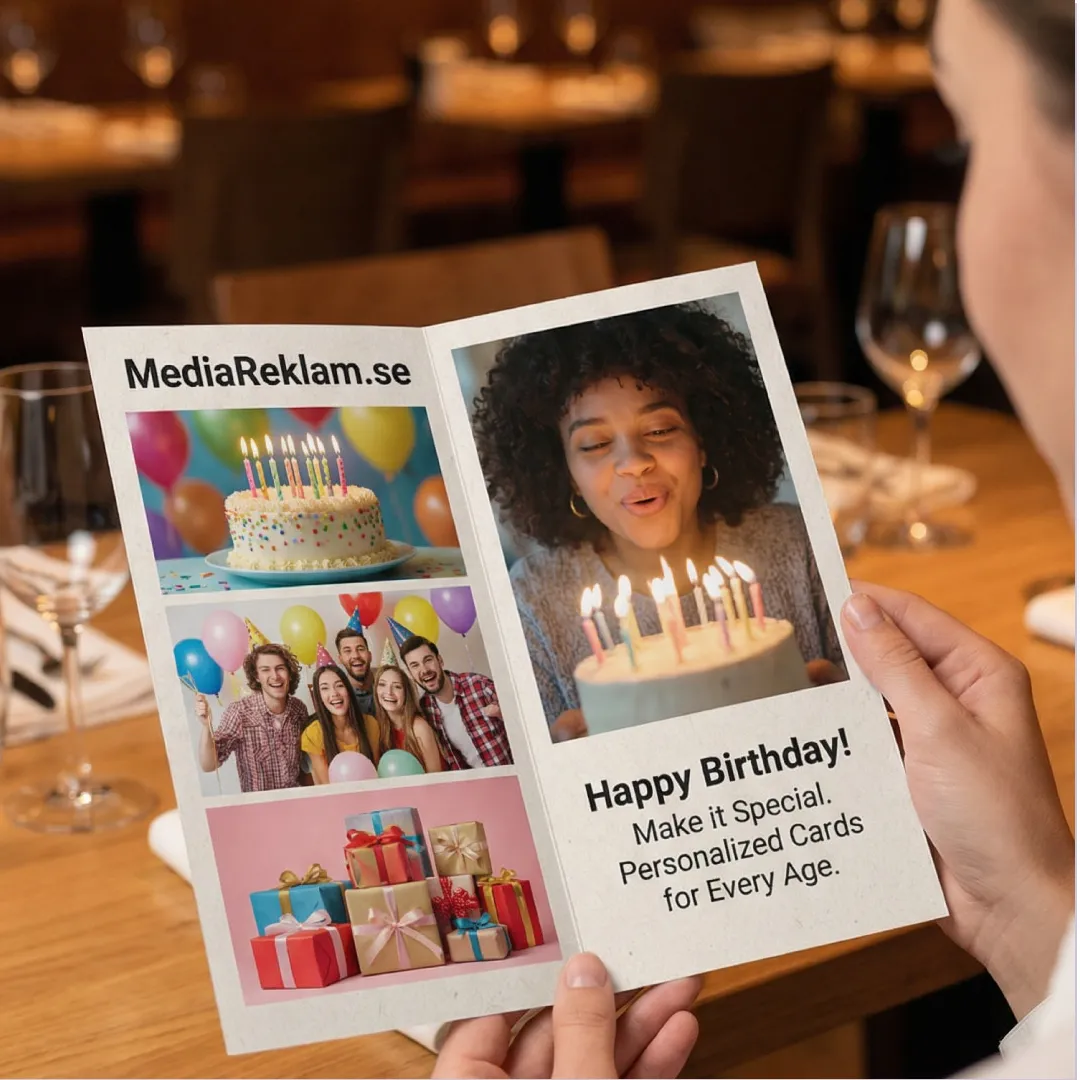 Vikta kort i A5-format, matt laminerat, visar uppslag och design