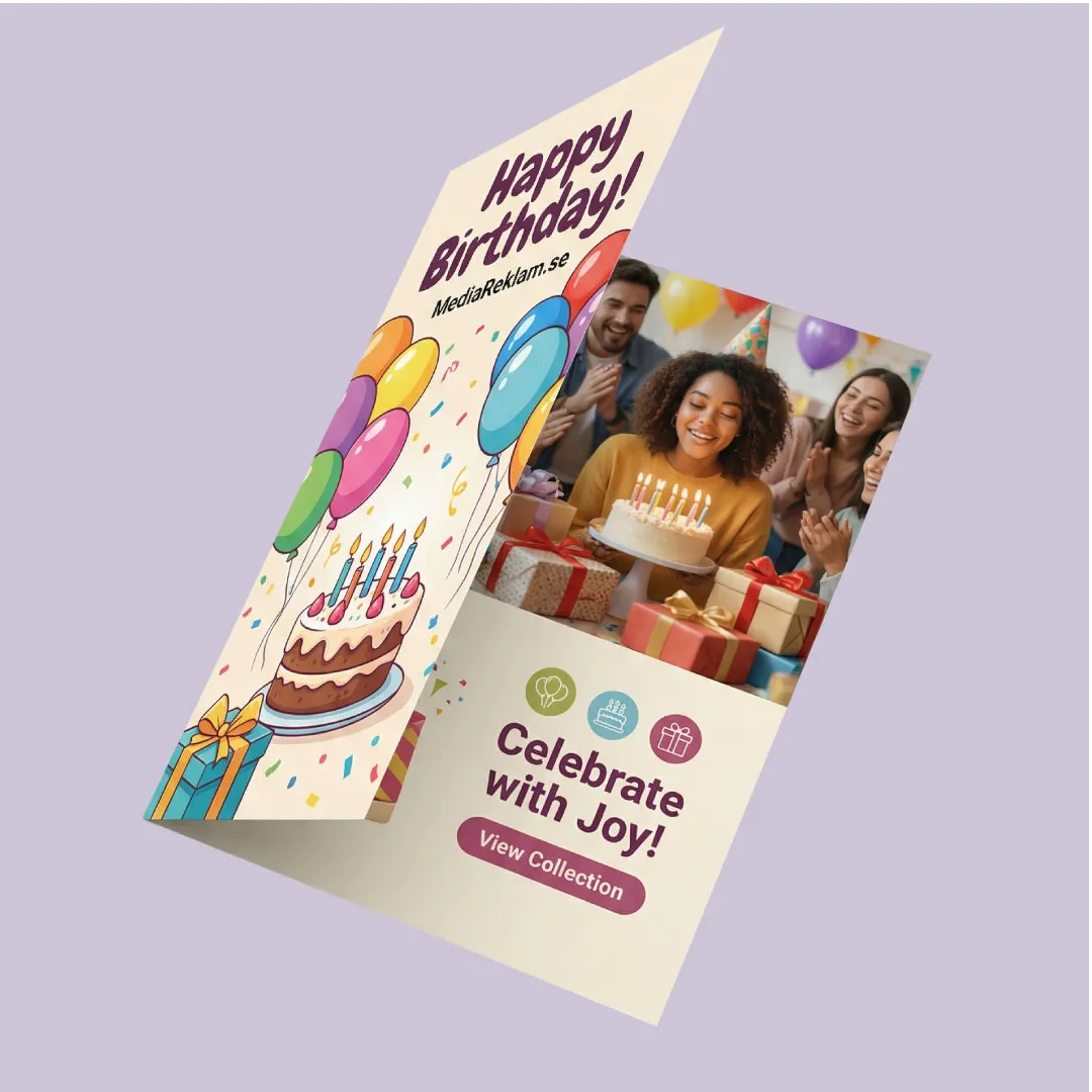 Vikta kort i A5-format, matt laminerat, visar uppslag och design