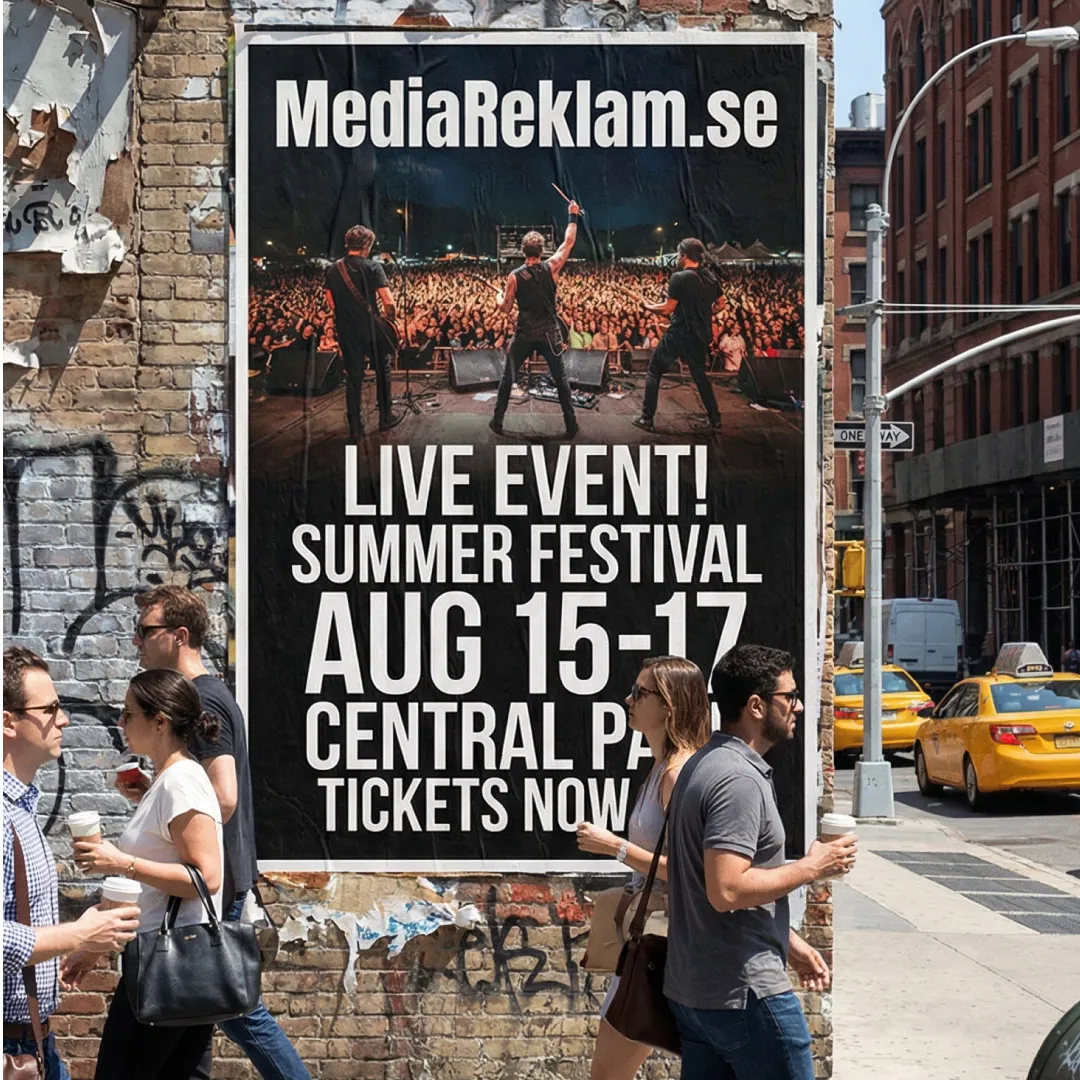 Utomhusaffisch på Akylite, 70x100 cm, vädertålig och färgstark — MediaRelam.se.