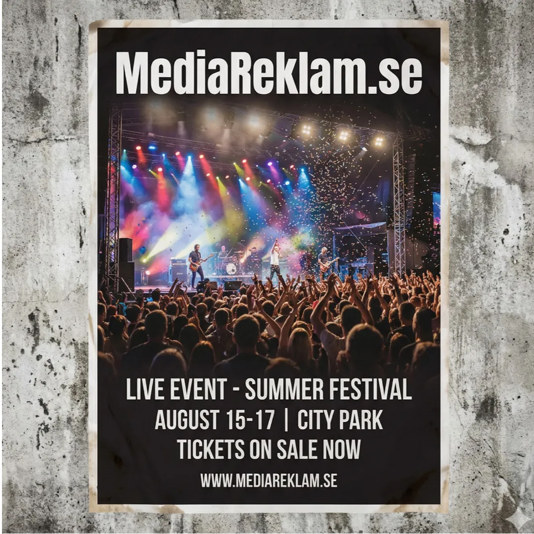 Utomhusaffisch på Akylite, 70x100 cm, vädertålig och färgstark — MediaRelam.se.