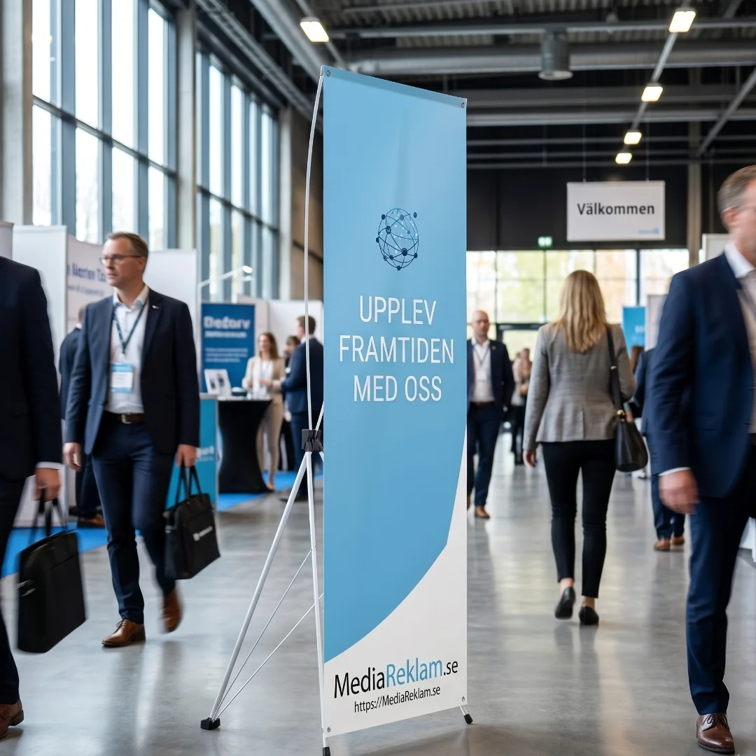 Banner display med MediaReklam.se-logo för mässa och event