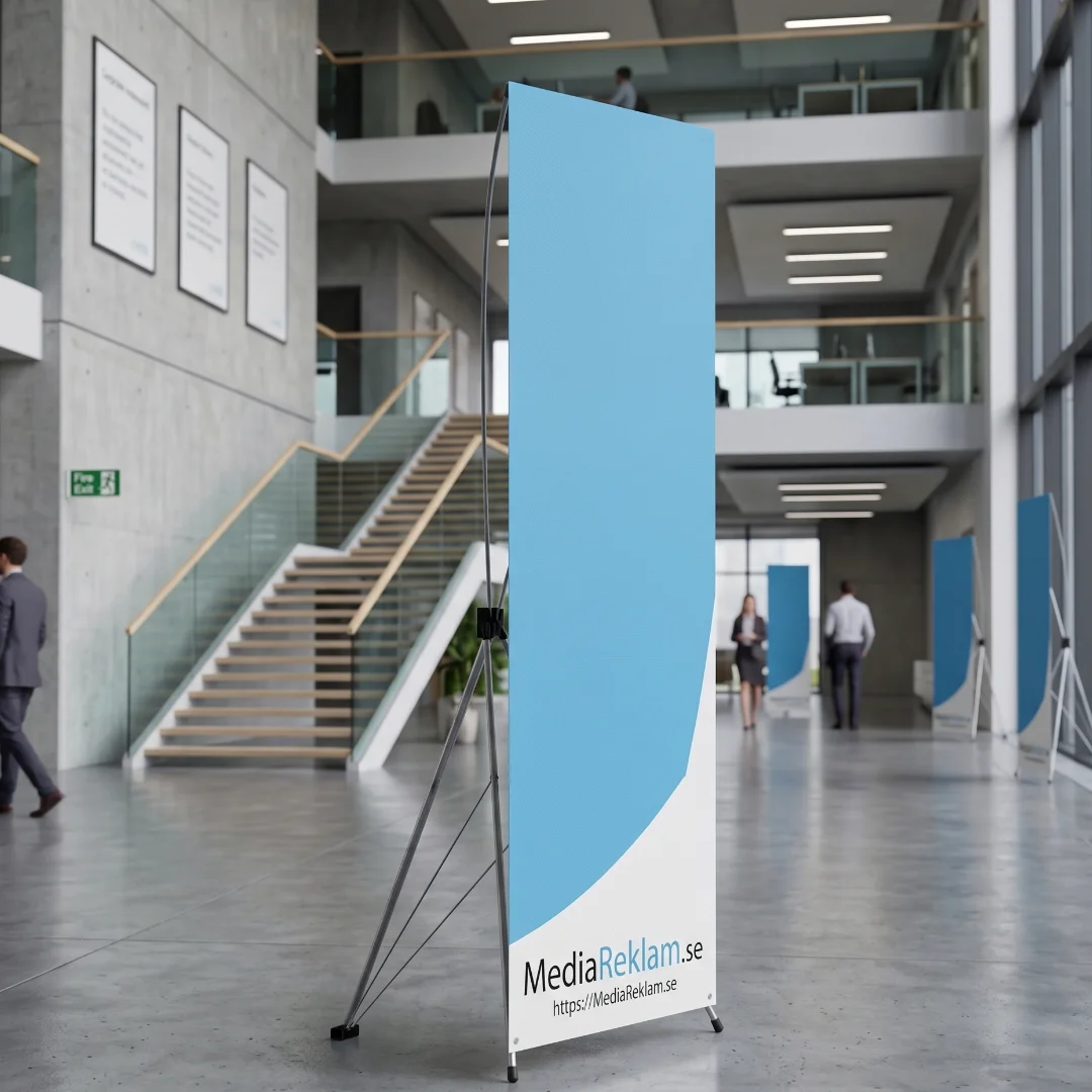 Banner display med MediaReklam.se-logo för mässa och event