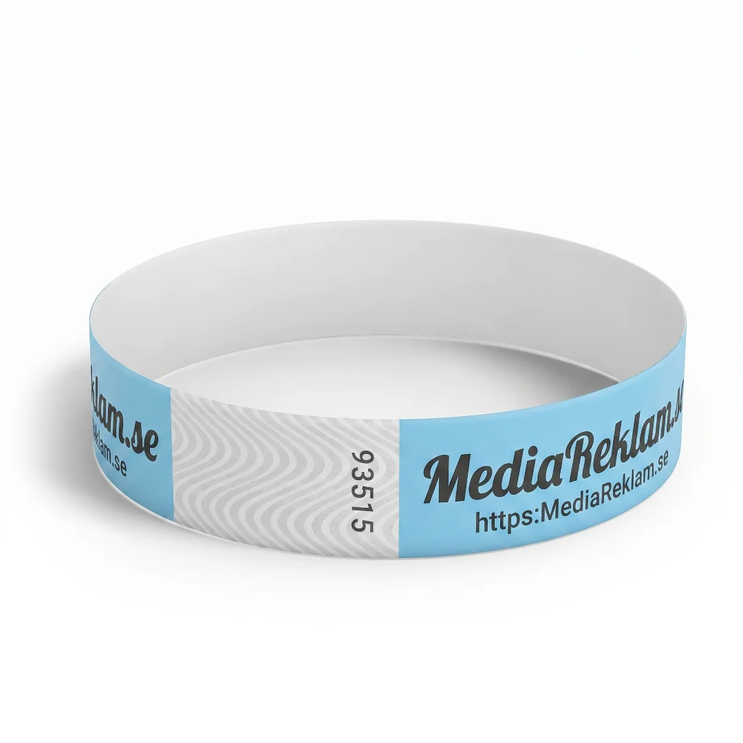 Blått festivalarmband med MediaReklam.se-logo och serienummer