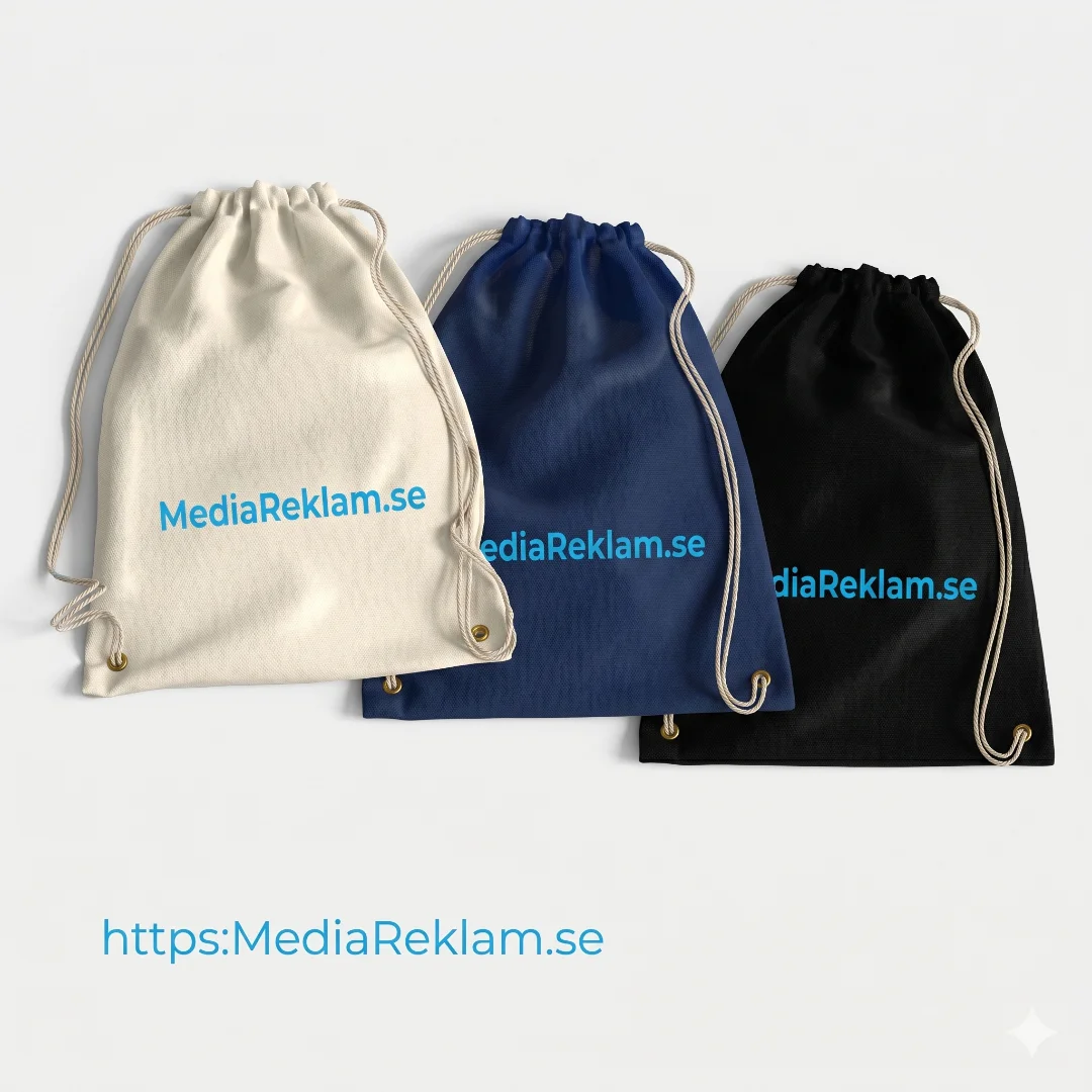 Gympapåsar med MediaReklam.se-logo i natural, mörkblå och svart bomull