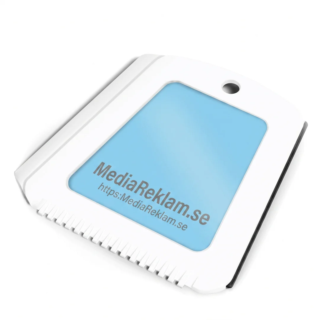 Vit och blå isskrapa med MediaReklam.se-logo och tryck