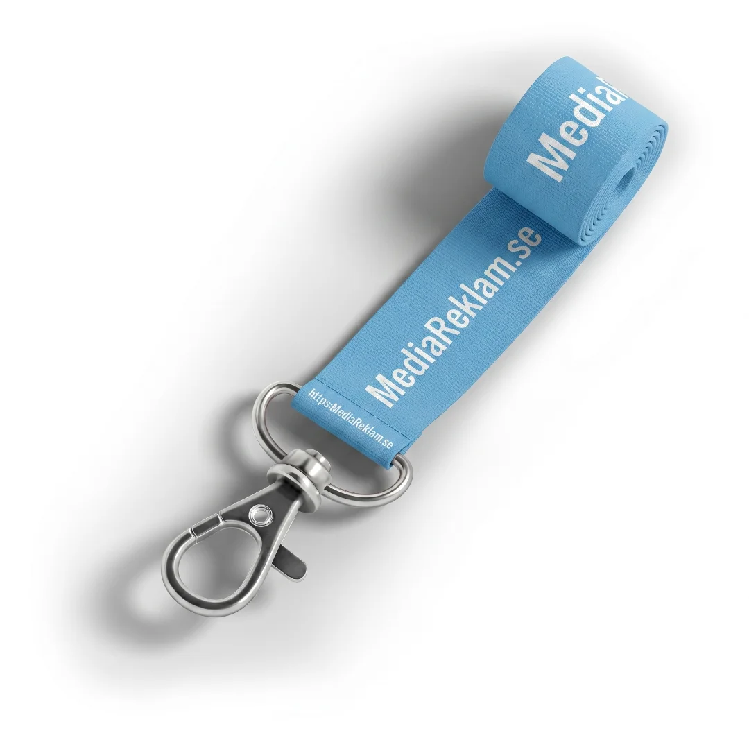 Blått nyckelband med MediaReklam.se-logo och metallkrok