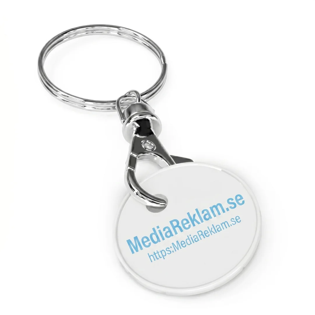 Vit rund nyckelring med MediaReklam.se-logo och metallring