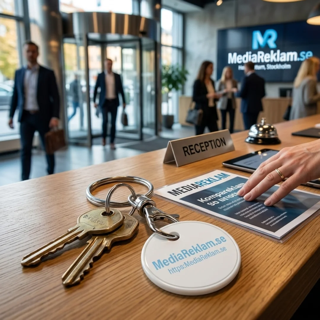 Vit rund nyckelring med MediaReklam.se-logo och metallring