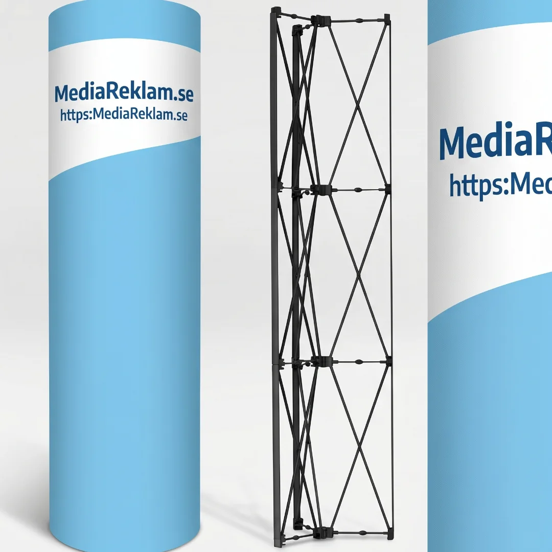 Pop-up tower med MediaReklam.se-design för mässa och event