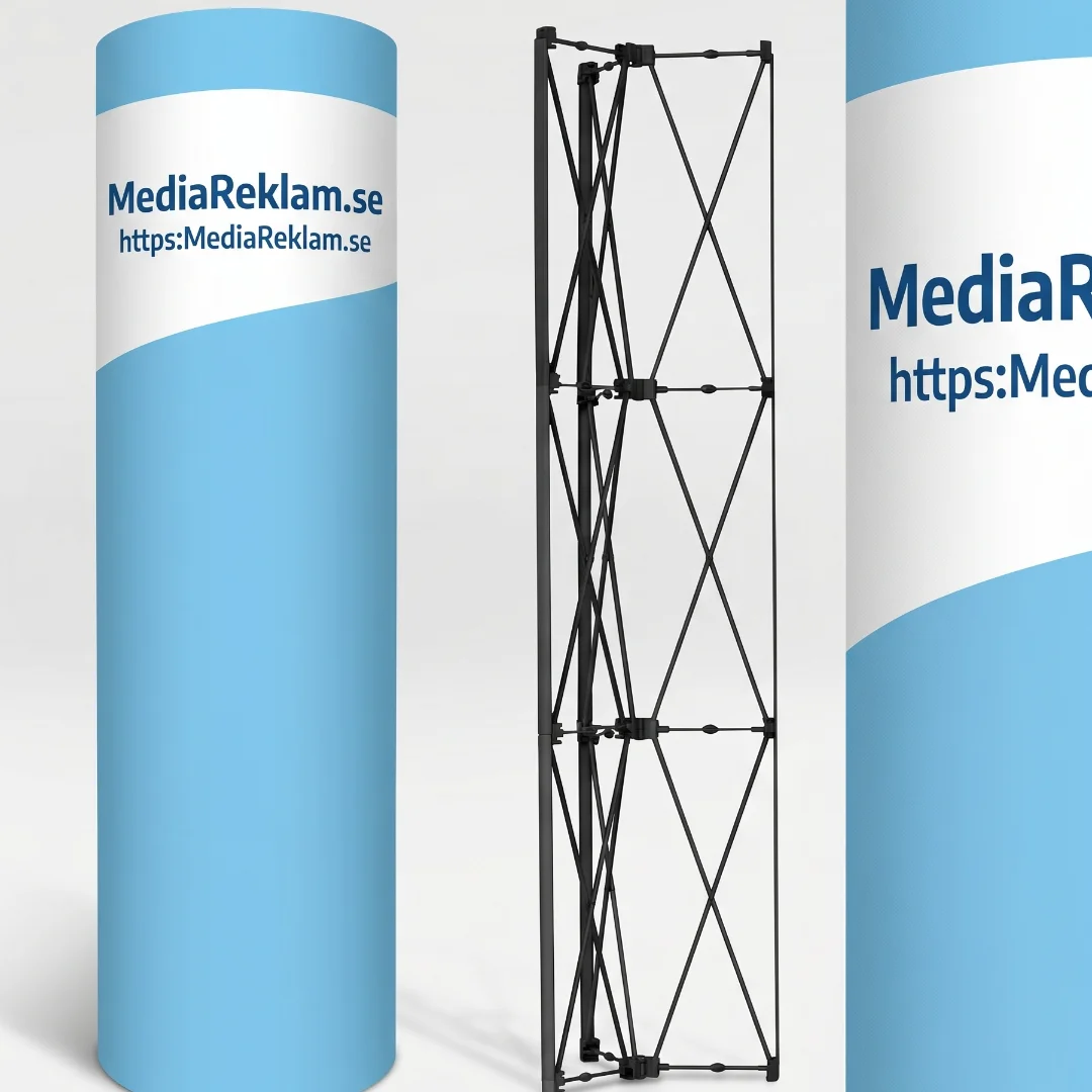Pop-up tower med MediaReklam.se-design för mässa och event