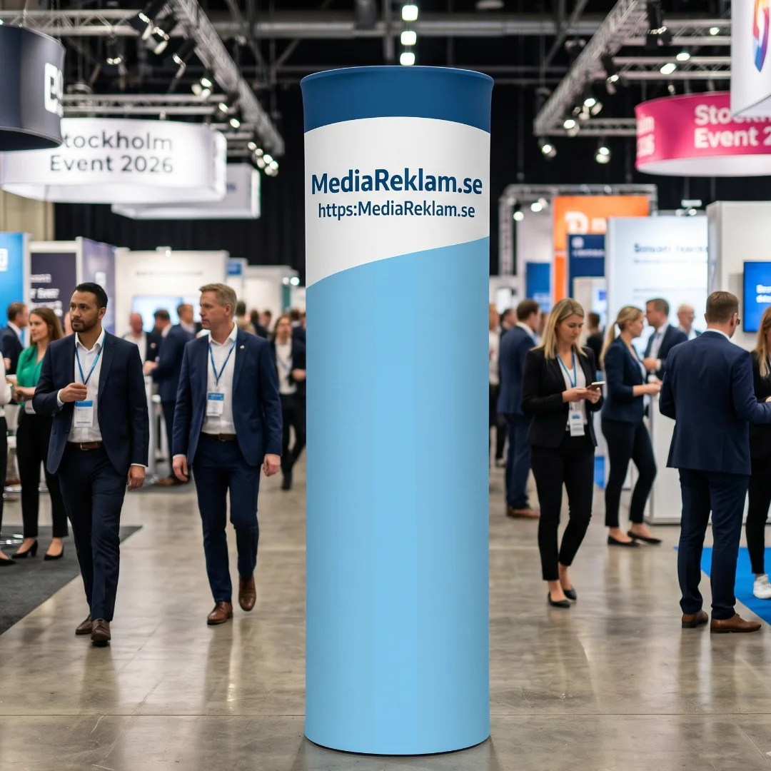 Pop-up tower med MediaReklam.se-design för mässa och event