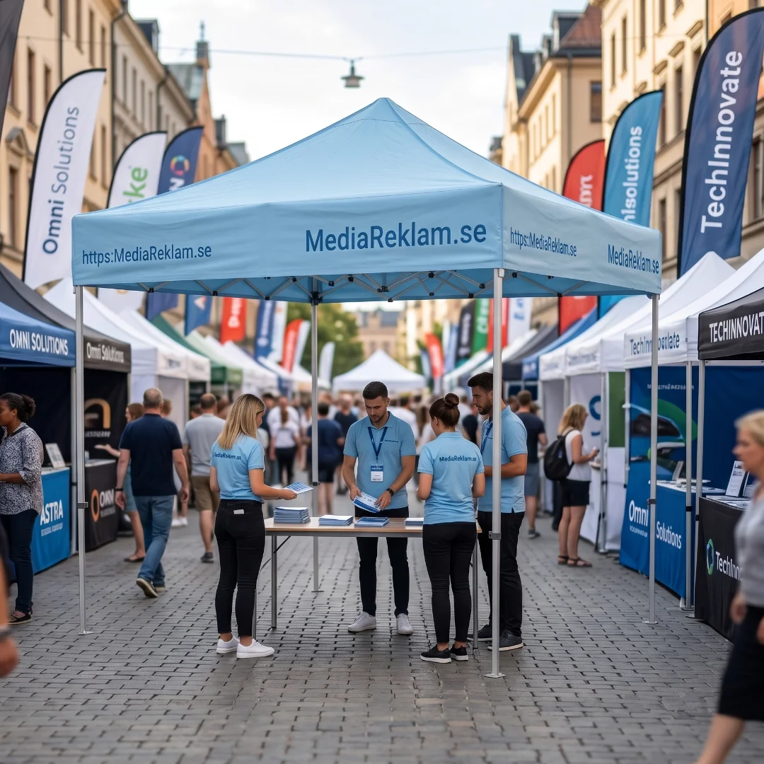 Tryckt paviljong med MediaReklam.se-logo för mässor och event