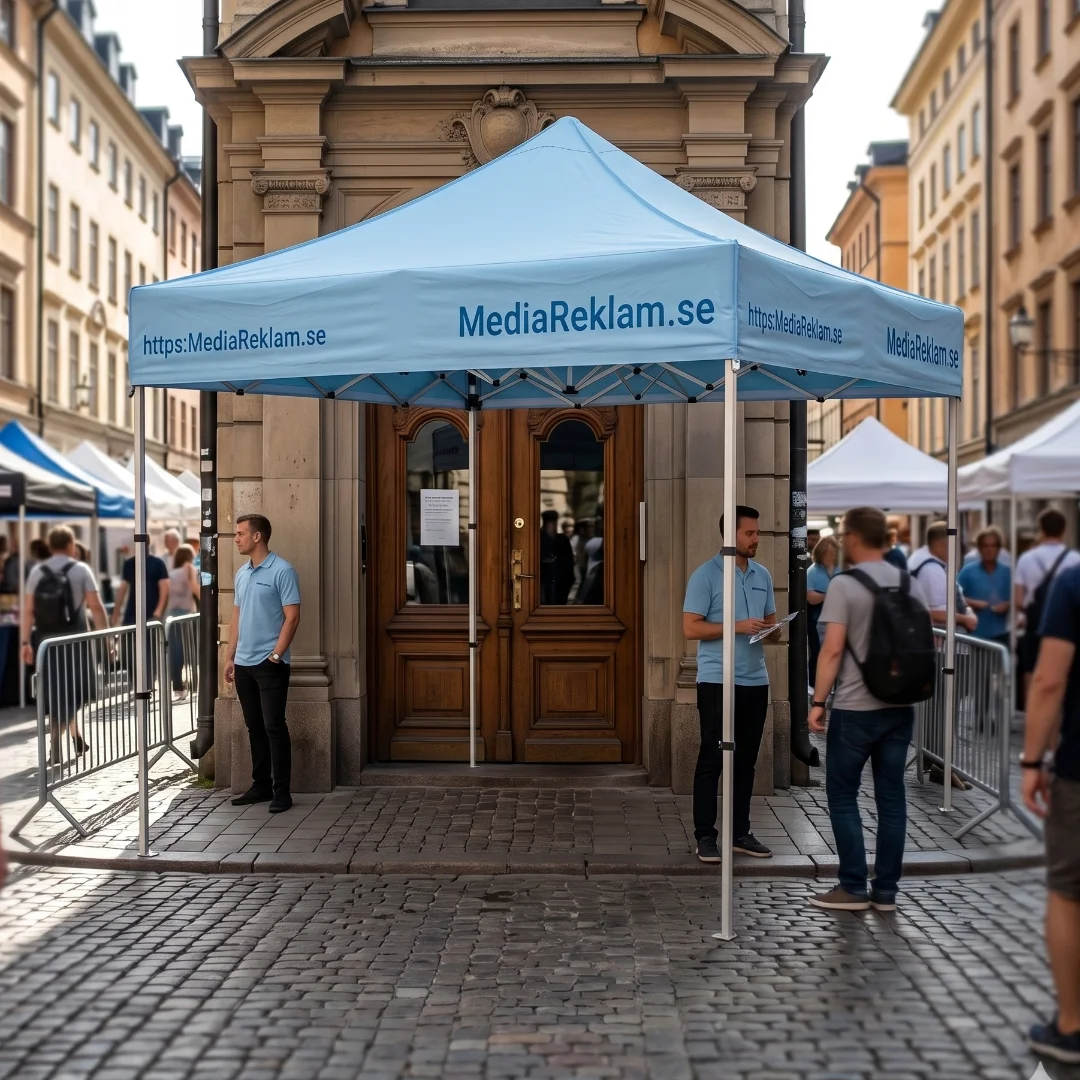 Tryckt paviljong med MediaReklam.se-logo för mässor och event